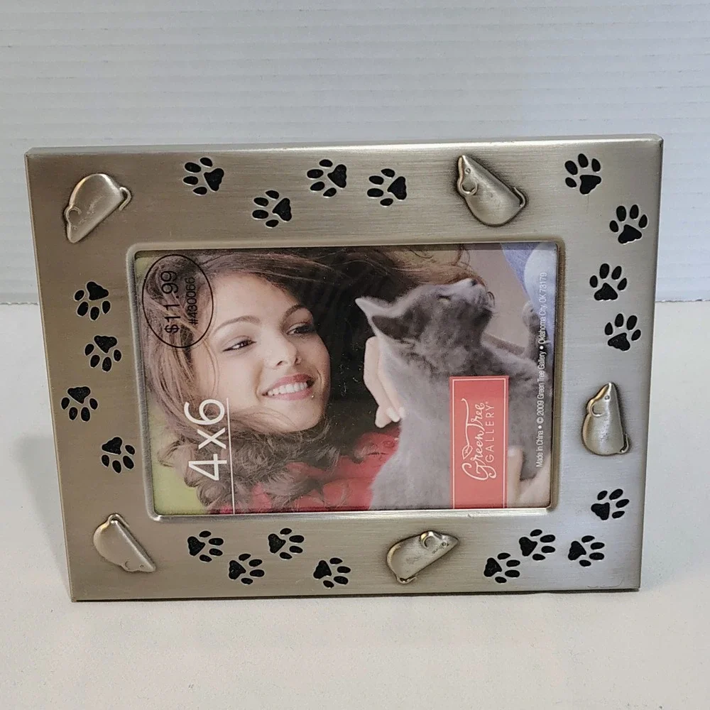 Green Tree Gallery 4x6 Photo Frame Silver Tone Paw Print Mouse‎ Design Desk